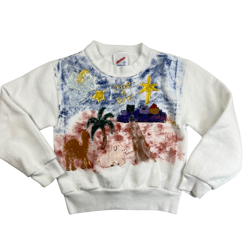 Vintage Kid Christmas Nativity Puffy Paint Sweatshirt Small 6-7 Christ Is Born